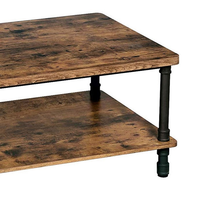 Wooden Coffee Table with 1 Bottom Shelf and Grain Details, Brown