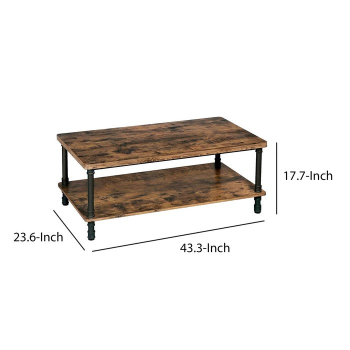 Wooden Coffee Table with 1 Bottom Shelf and Grain Details, Brown
