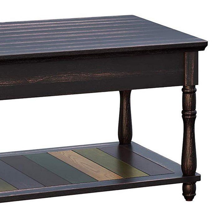 Wooden Coffee Table with Panelled Bottom Shelf, Multicolor