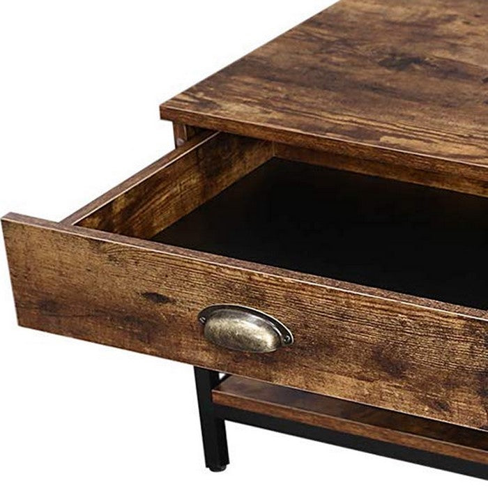 Wooden Coffee Table with 2 Drawers and 1 Bottom Shelf, Brown and Black