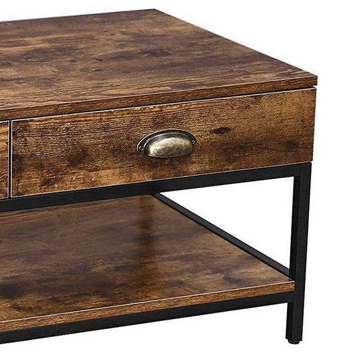 Wooden Coffee Table with 2 Drawers and 1 Bottom Shelf, Brown and Black