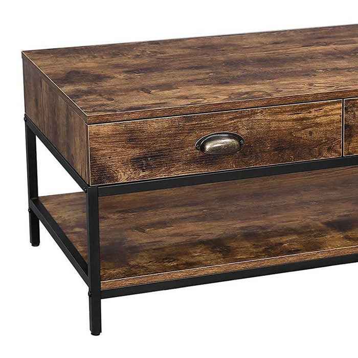 Wooden Coffee Table with 2 Drawers and 1 Bottom Shelf, Brown and Black