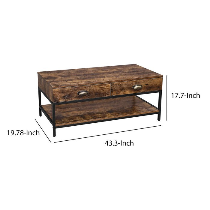 Wooden Coffee Table with 2 Drawers and 1 Bottom Shelf, Brown and Black