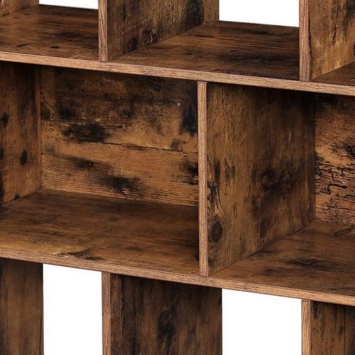 Wooden Bookcase with Open Cubes and Shelves, Distressed Brown