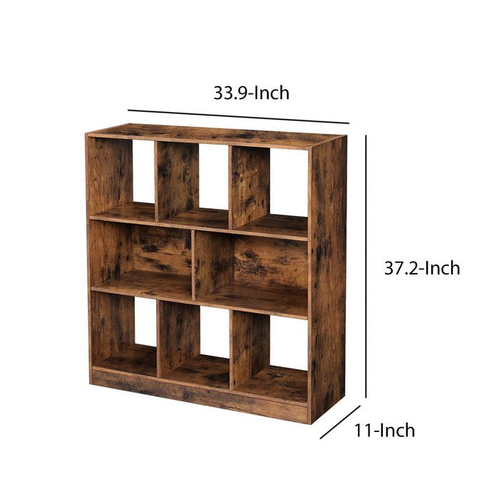 Wooden Bookcase with Open Cubes and Shelves, Distressed Brown