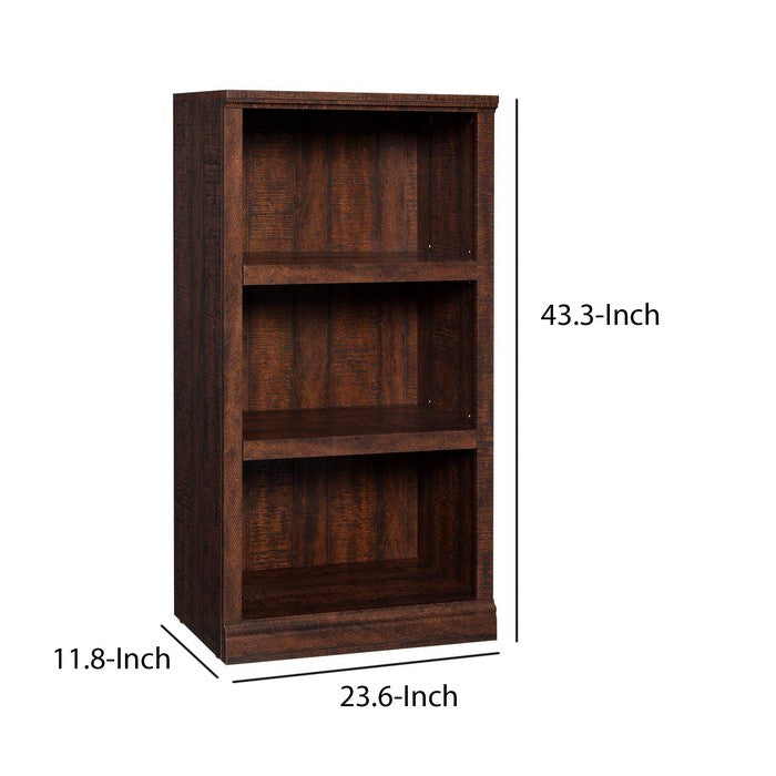 Wooden 3 Tier Bookcase with Adjustable Height Shelves, Walnut Brown