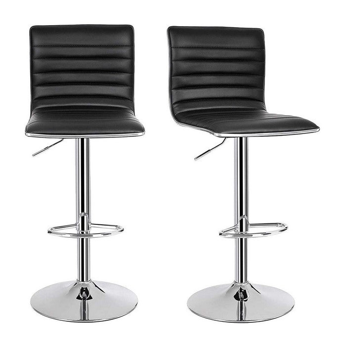 Leatherette Bar Stool with Adjustable Height, Set of 2, Black and Silver