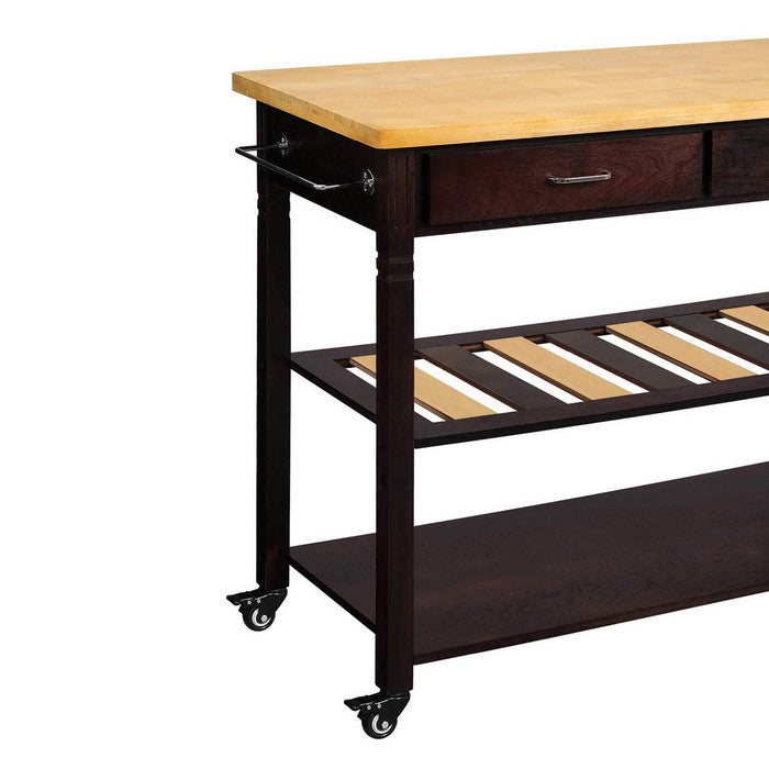 Wooden kitchen Island with 2 Bottom Shelves and Casters, Brown and Black