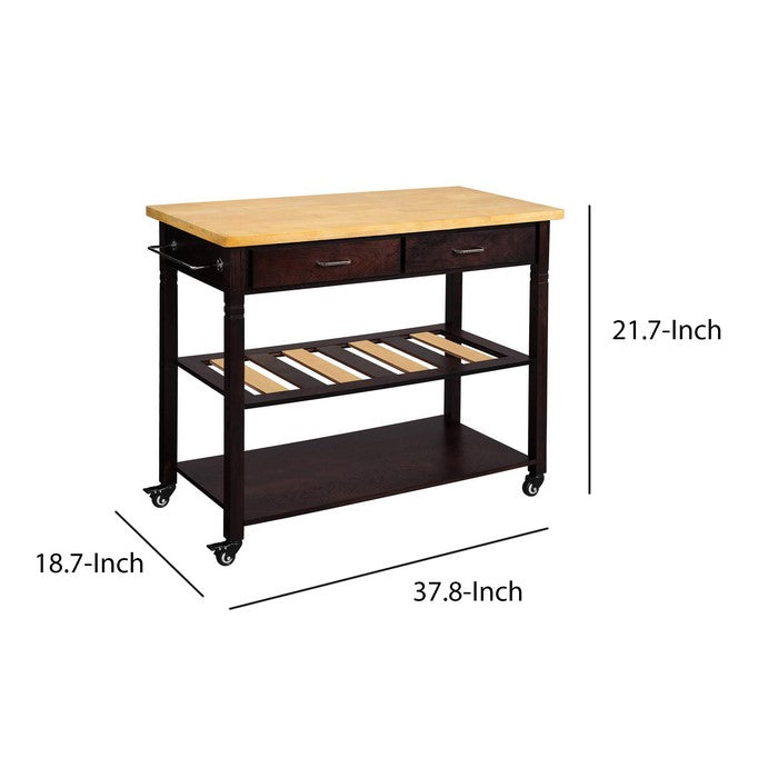 Wooden kitchen Island with 2 Bottom Shelves and Casters, Brown and Black