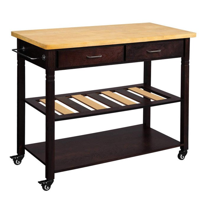 Wooden kitchen Island with 2 Bottom Shelves and Casters, Brown and Black