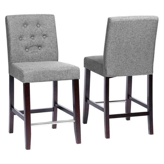 Button Tufted Fabric Upholstered Wooden Bar Stool, Set of 2, Gray and Brown