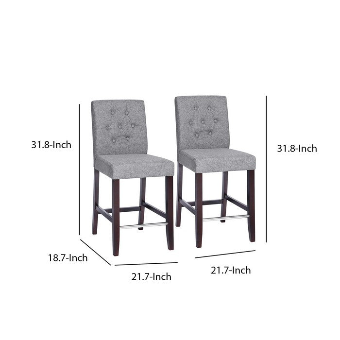 Button Tufted Fabric Upholstered Wooden Bar Stool, Set of 2, Gray and Brown