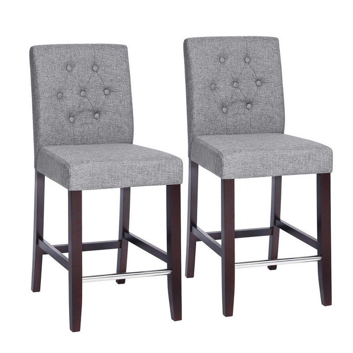 Button Tufted Fabric Upholstered Wooden Bar Stool, Set of 2, Gray and Brown
