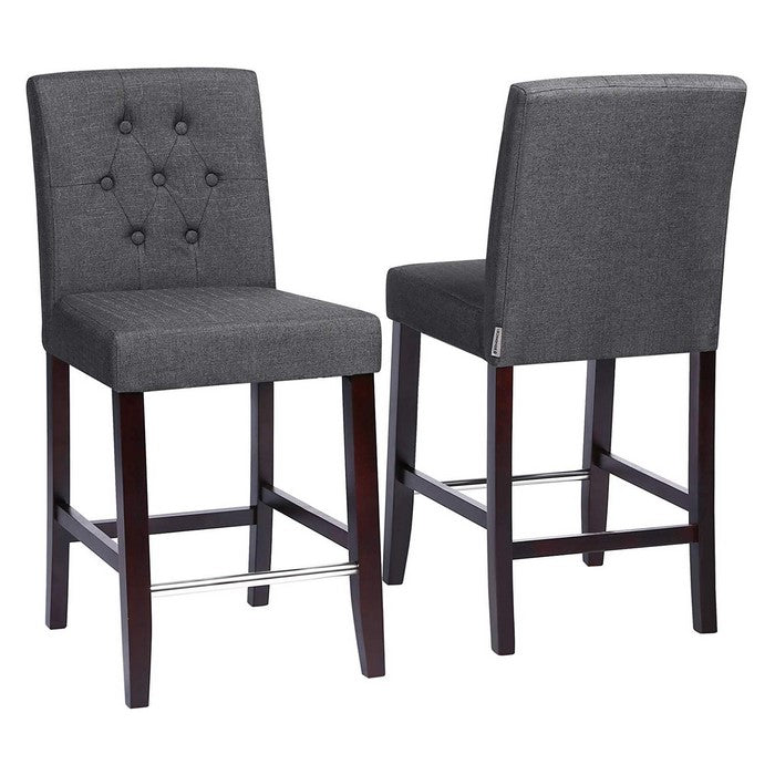 Button Tufted Fabric Upholstered Bar Stool, Set of 2, Charcoal Gray and Brown