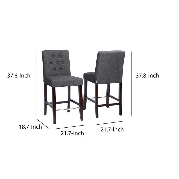 Button Tufted Fabric Upholstered Bar Stool, Set of 2, Charcoal Gray and Brown
