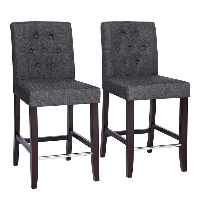 Button Tufted Fabric Upholstered Bar Stool, Set of 2, Charcoal Gray and Brown