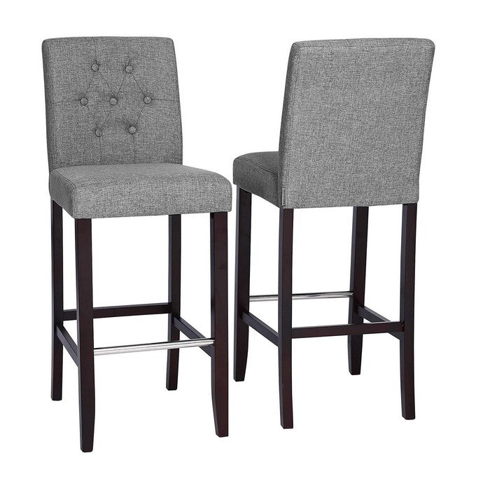 Button Tufted Fabric Upholstered Bar Stool, Set of 2, Light Gray and Brown