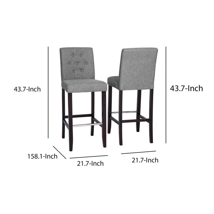 Button Tufted Fabric Upholstered Bar Stool, Set of 2, Light Gray and Brown