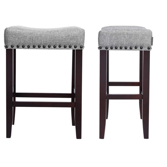 Nailhead Fabric Upholstered Stool with Saddle Seat, Set of 2, Gray and Brown