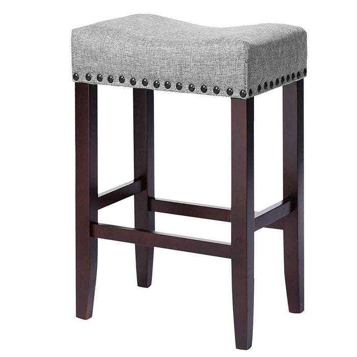 Nailhead Fabric Upholstered Stool with Saddle Seat, Set of 2, Gray and Brown