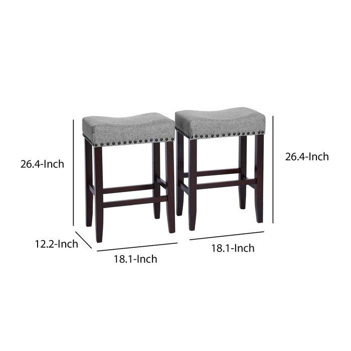 Nailhead Fabric Upholstered Stool with Saddle Seat, Set of 2, Gray and Brown