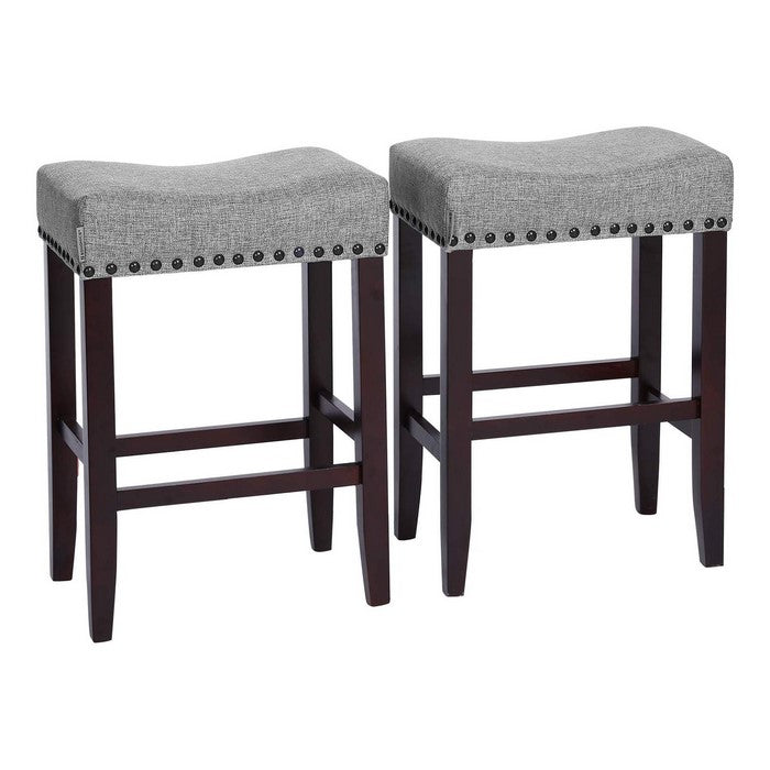 Nailhead Fabric Upholstered Stool with Saddle Seat, Set of 2, Gray and Brown