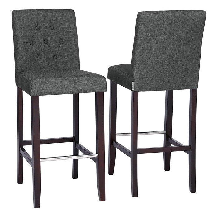 Button Tufted Fabric Upholstered Bar Stool, Set of 2, Dark Gray and Brown