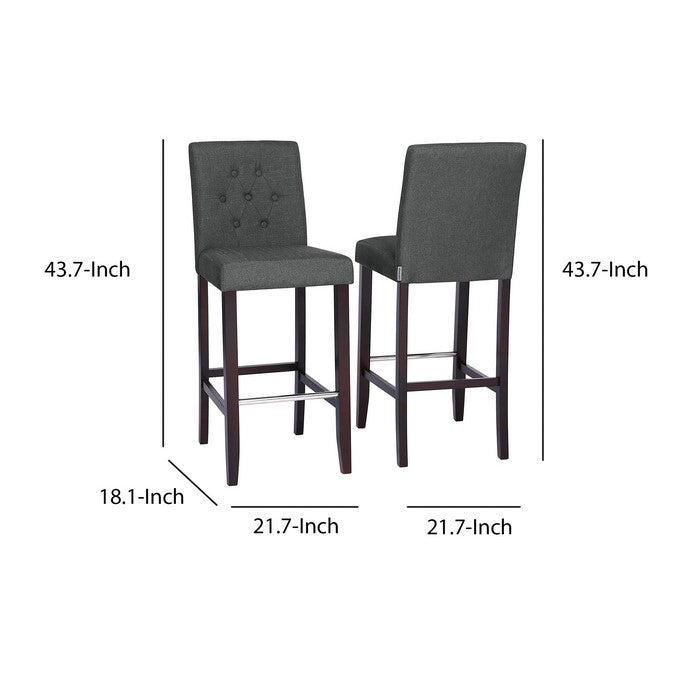 Button Tufted Fabric Upholstered Bar Stool, Set of 2, Dark Gray and Brown