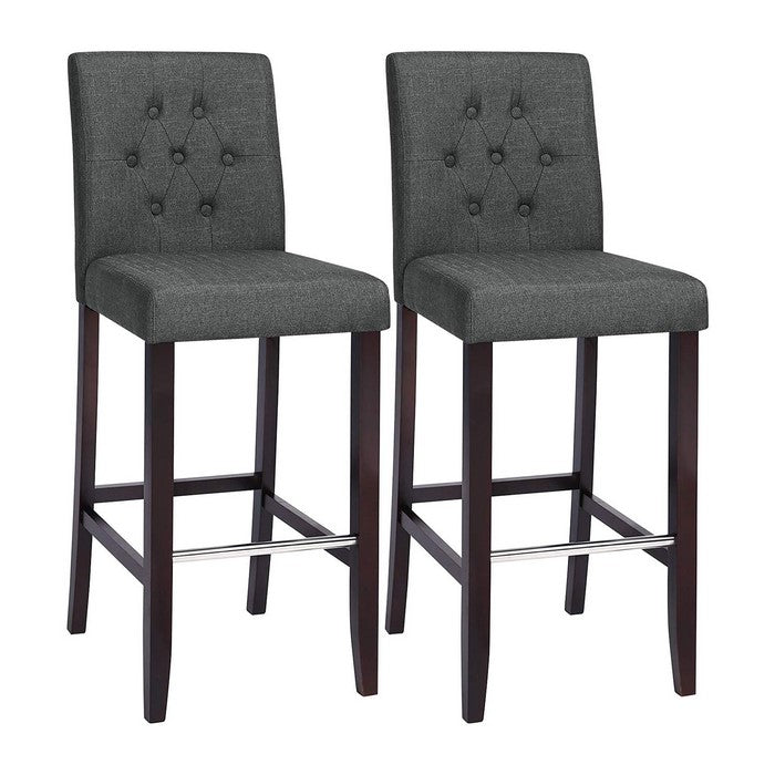 Button Tufted Fabric Upholstered Bar Stool, Set of 2, Dark Gray and Brown
