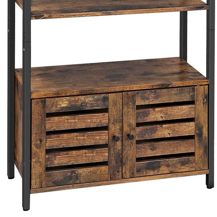 Wooden Storage Cabinet with 3 Open Shelves and 2 Doors, Brown and Black