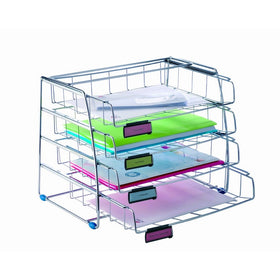 Alba Four-Level Side Loading Wire Desktop Letter Sized Trays, with Label Holders, Silver Metallic Finish (COR4I)