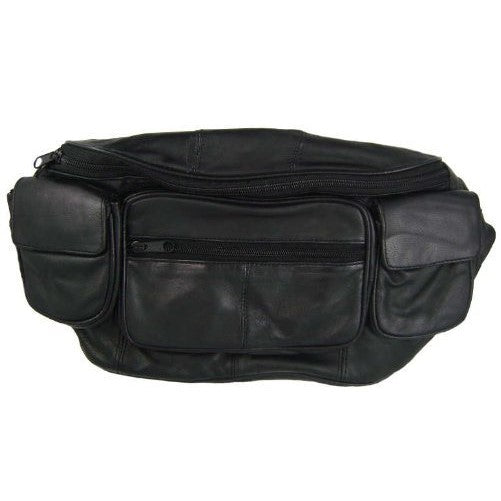 Large Black Genuine Lambskin Leather Fanny Pack Waist Bag with Cell Phone Pouch