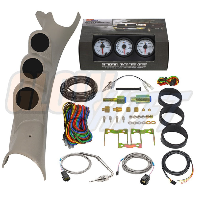 GlowShift 2003-2009 Dodge Ram Taupe Diesel Gauge Package White Face Boost, EGT & Trans Temp