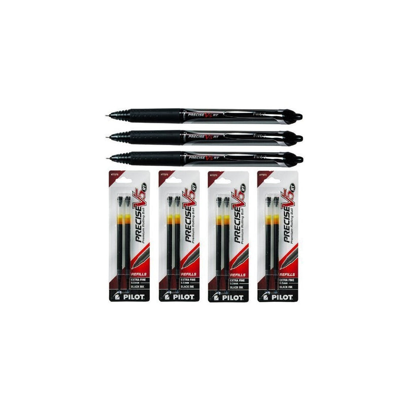 Pilot Precise V5 Rt, 3 Pens 26062 with 4 Packs of Refills, Black Ink, 0.5mm X-fine