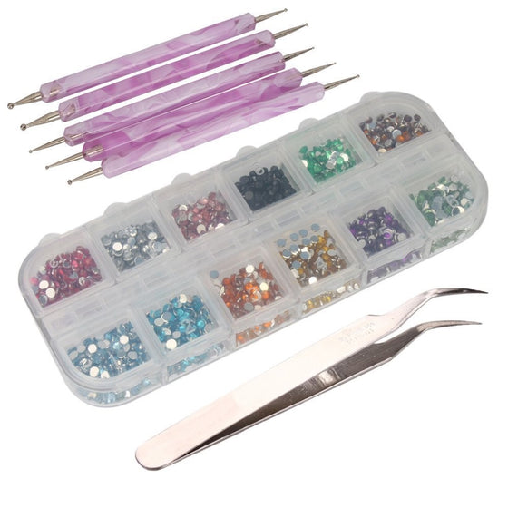 3000pcs 2mm 12 Color Nail Art Glitter Rhinestones Tips  5 x 2 Way Marbleizing Dotting Pen  Tweezer