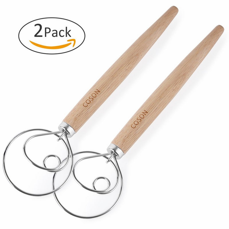 Danish Dough Whisk Mixer Blender Admixer for Cake Dessert Bread Pizza Pastry Food Hand Kitchenware Tool Stainless Steel& Wooden 13.5 Inch 2 Pack