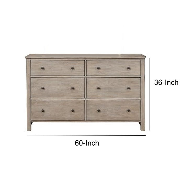Six Drawer Transitional Style Dresser with Grain Details, Gray