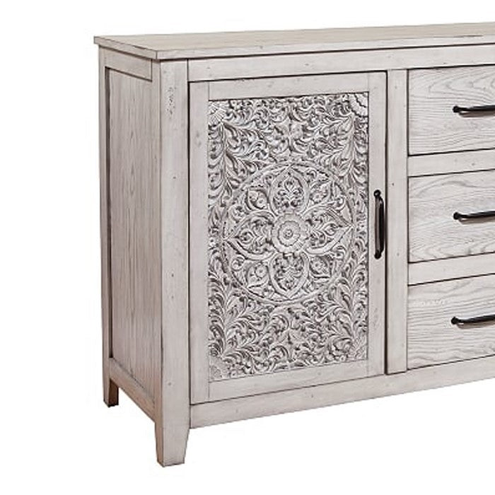 Wooden Dresser with 2 Polyresin Carved Cabinets and 3 Drawers, Gray