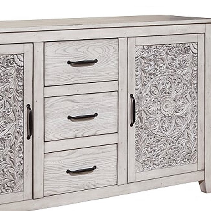 Wooden Dresser with 2 Polyresin Carved Cabinets and 3 Drawers, Gray