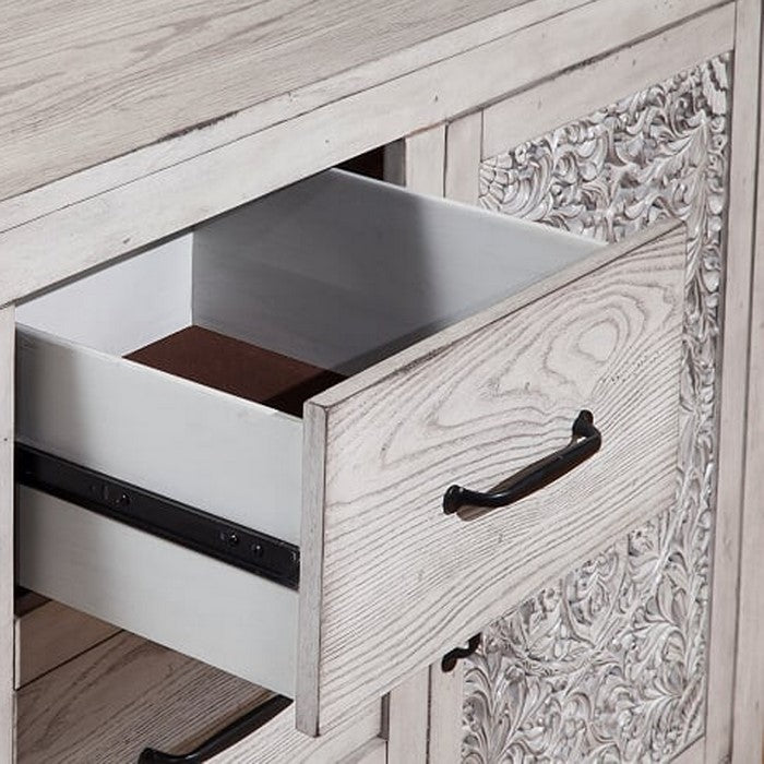 Wooden Dresser with 2 Polyresin Carved Cabinets and 3 Drawers, Gray