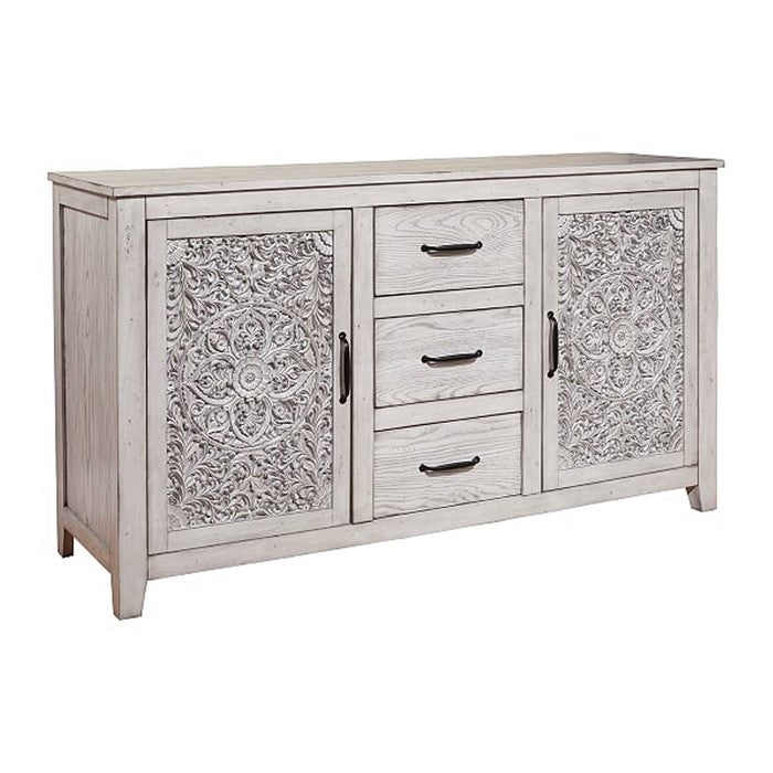 Wooden Dresser with 2 Polyresin Carved Cabinets and 3 Drawers, Gray