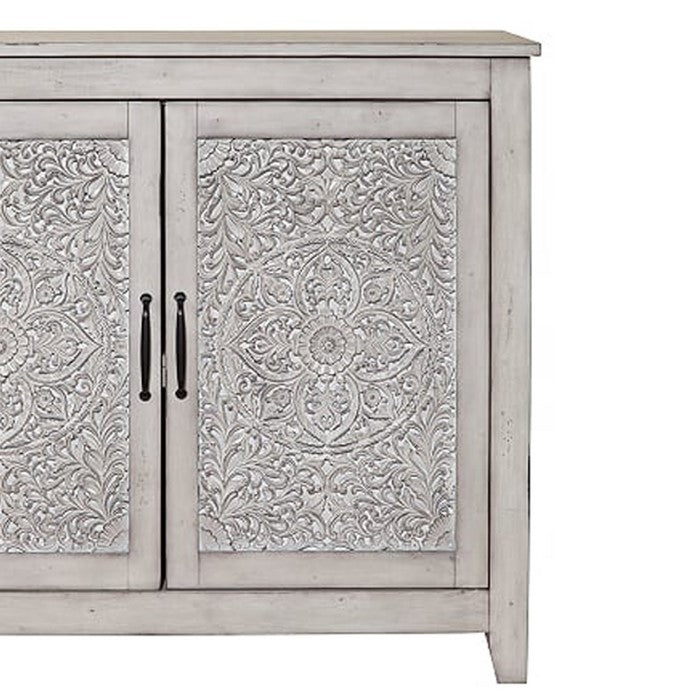 Wooden Chest with 2 Polyresin Carved Cabinets, Weathered Gray