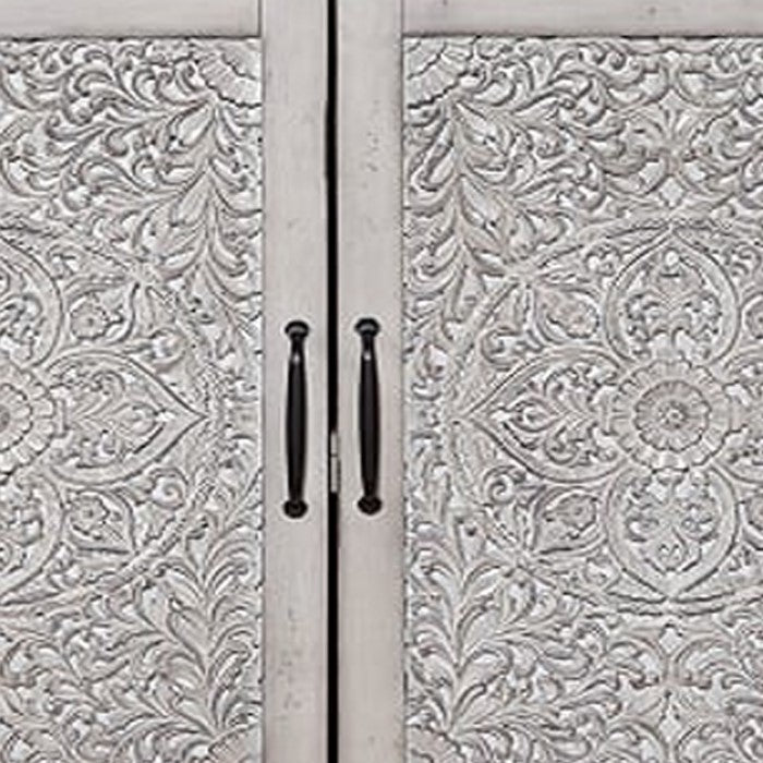 Wooden Chest with 2 Polyresin Carved Cabinets, Weathered Gray