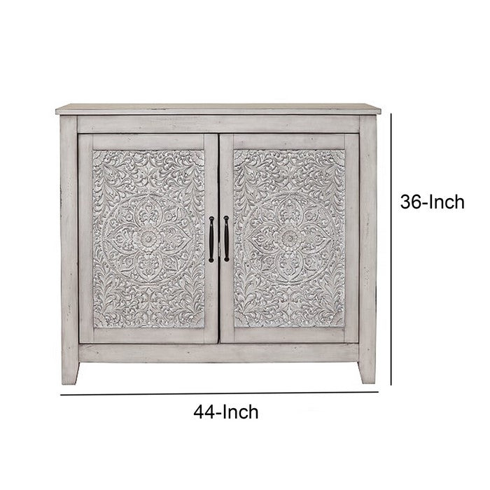Wooden Chest with 2 Polyresin Carved Cabinets, Weathered Gray