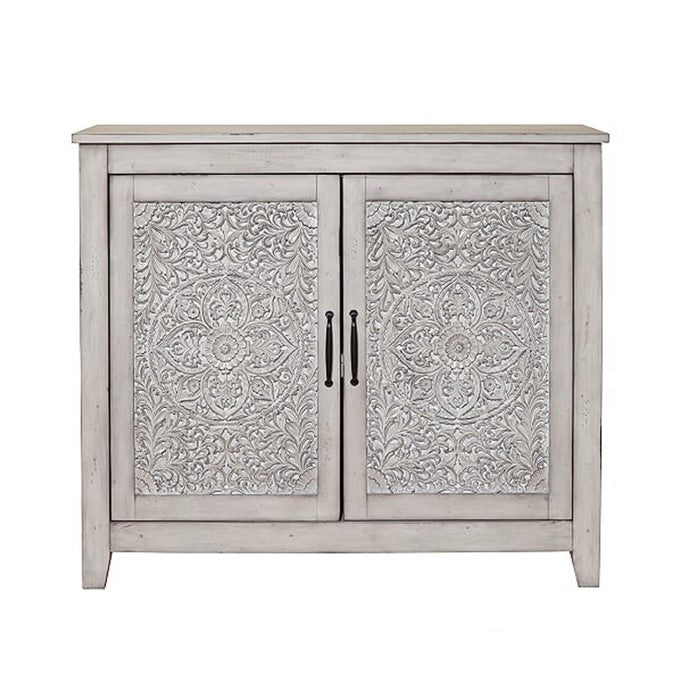 Wooden Chest with 2 Polyresin Carved Cabinets, Weathered Gray