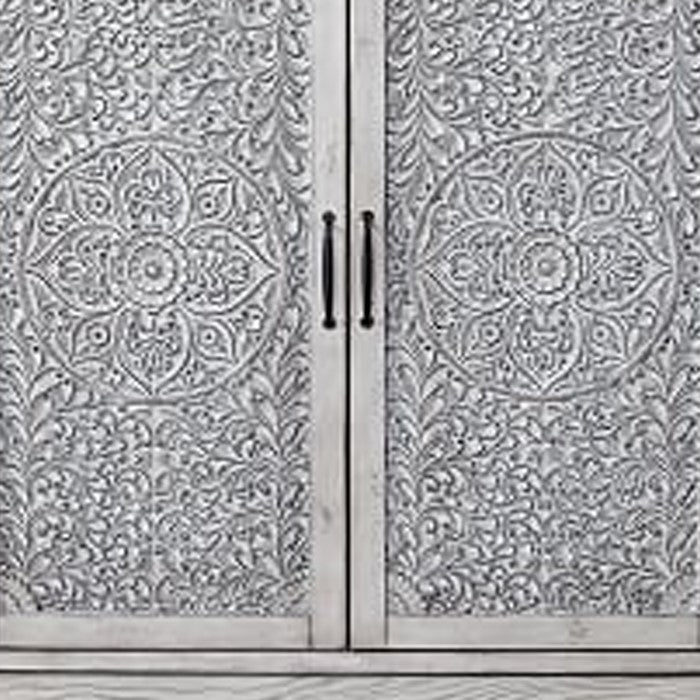 Wooden Armoire Chest with 2 Polyresin Carved Door Storage and 1 Drawer, Gray