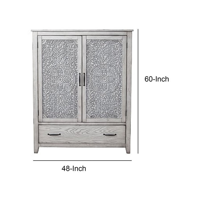 Wooden Armoire Chest with 2 Polyresin Carved Door Storage and 1 Drawer, Gray