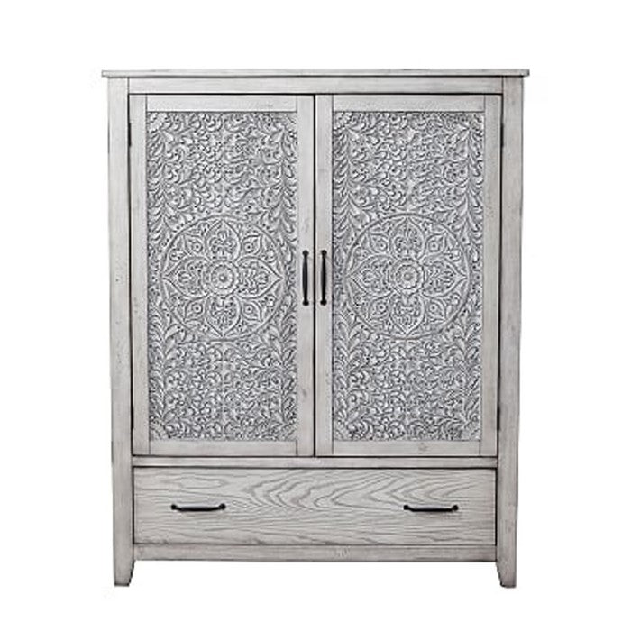 Wooden Armoire Chest with 2 Polyresin Carved Door Storage and 1 Drawer, Gray