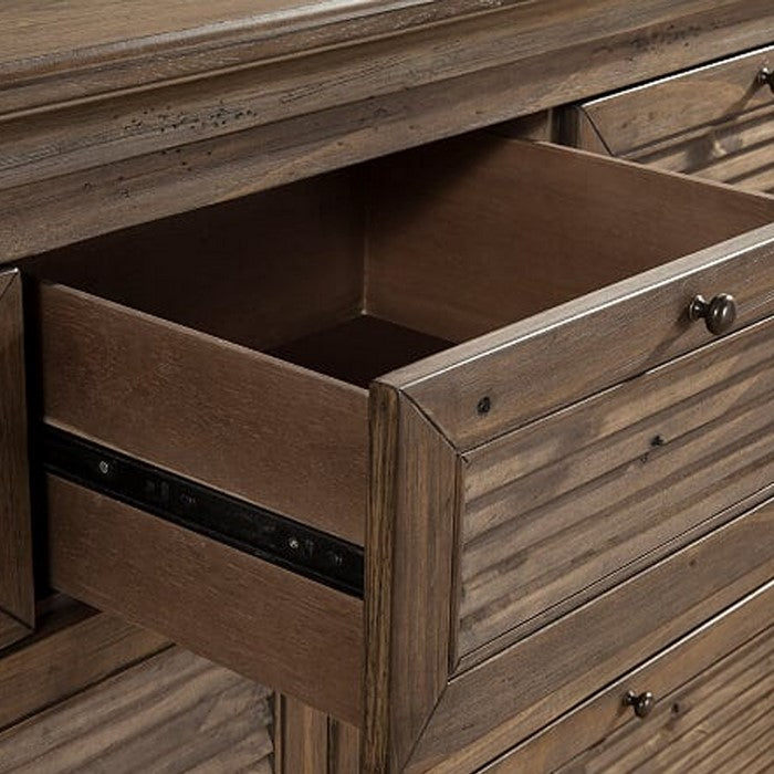 Transitional Seven Drawer Dresser with Louvered Front, Brown