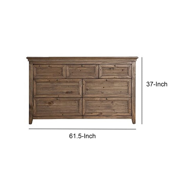 Transitional Seven Drawer Dresser with Louvered Front, Brown